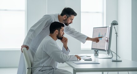 Two men in white lab coats collaborate on a computer, analyzing data charts and graphs together in a bright .