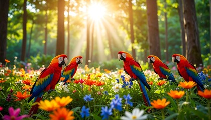Vibrant macaws amidst a floral tapestry basked in the golden sunlight of a forest