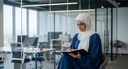 A young woman in a hijab thoughtfully jots notes in her journal, immersed in her work within a modern, glass-walled .