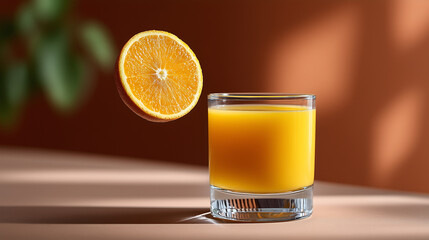 Fresh Orange Juice Glass with Floating Slice on Neutral Background