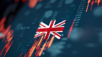 
A red stock market graph with the UK flag in front of it, representing global economic trends  - Powered by Adobe