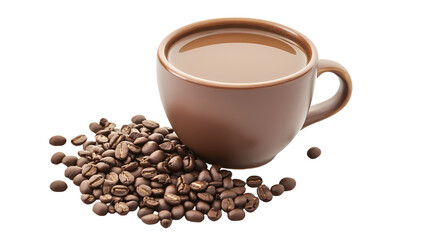 Obraz premium A close up of a coffee cup with coffee beans scattered around the cup base isolated on white background