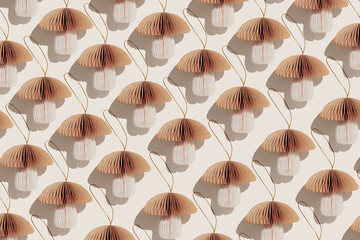Minimal pattern of Festive Paper Christmas Ornaments, beige New Year decorations as mushrooms,...