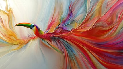 Colorful toucan abstract art, vibrant flight, swirling background, digital print