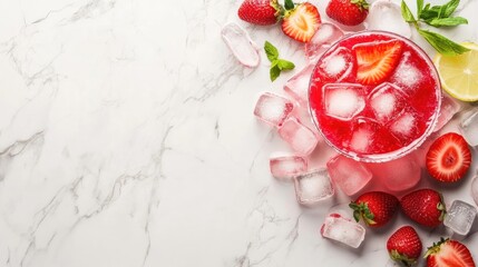 Iced Strawberry Drink, Marble Background, Summer Refreshment, Recipe
