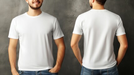 Man modeling blank white t-shirt, front and back, dark studio, design mockup