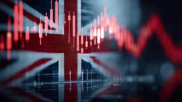 
A red stock market graph with the UK flag in front of it, representing global economic trends 