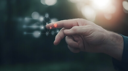 Human Hand Interacting with Glowing Digital Network Interface