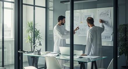 Two architects collaborate on a building design, reviewing blueprints and plans together at a glass-walled .