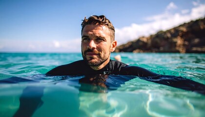 A man in a wetsuit floats in calm, clear turquoise water near a rocky shore under a bright blue sky