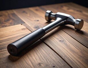 Obraz premium A metal hammer with a black handle rests on a dark wood surface