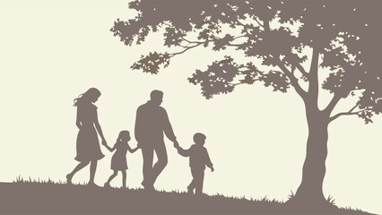 Family Silhouette of Parents Walking Hand in Hand with Children Near a Tree
