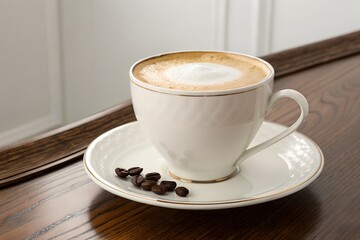 Elegant porcelain teacup and saucer set filled with rich coffee on a polished wooden table