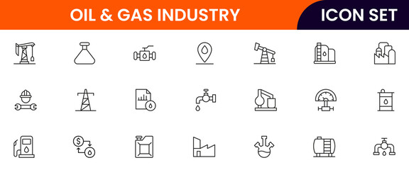 Oil and gas  industry vector line icons featuring drilling rigs, pipelines, fuel tanks, refineries, pumps, energy resources, barrels, and extraction equipment.