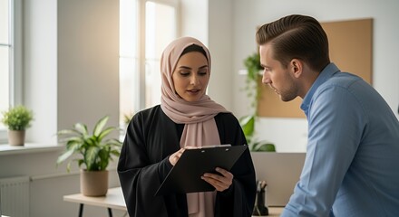 A woman in a hijab and a man in a blue shirt review documents together in a modern setting.