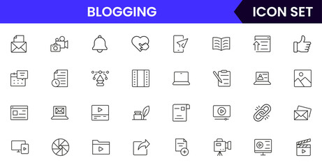Blogging vector line icons featuring keyboards, posts, content creation, writing, microphones, cameras, social sharing, analytics, and digital communication tools.