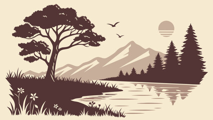 Silhouette of Rocky Mountains and Tall Trees with Sunset Reflections on Lake