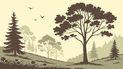Silhouette of Trees and Hills in a Vintage Forest Landscape Illustration