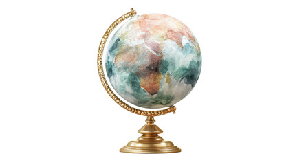 Artistic world globe with watercolor-style continents, mounted on elegant base, isolated on a Transparent background, PNG file.