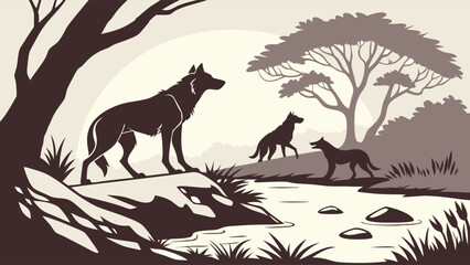 Silhouetted Wolves Near Tranquil Riverbank Under Moonlit Sky in Environment