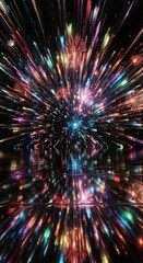 Vibrant Burst of Abstract Fireworks Reflection on a Mirrored Surface Illuminating the Darkness