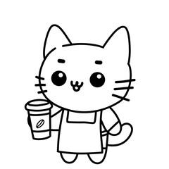 Vector illustration of a cartoon sketch of a cat wearing barista clothes, use as icon or logo, also good as sticker and colouring book.