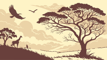 Vintage Artistic Landscape Featuring Giraffe and Birds Silhouetted Against