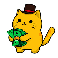 Vector illustration of a cartoon cat holding a lot of money, use as icon or logo, also good as sticker.