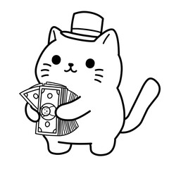 Vector illustration of a cartoon sketch of a cat holding a lot of money, use it as an icon or logo, also good as a sticker and for colouring books.