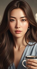 A Stunning Asian Woman with Long Wavy Brown Hair Holding a Coffee Cup with a Gentle Gaze