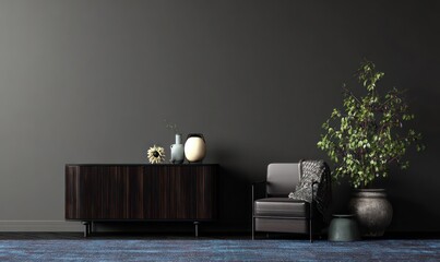 Dark modern living room interior design.