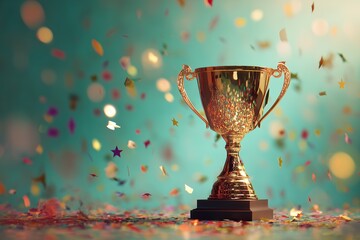 Golden trophy on a dark stand with falling confetti against teal background, concept for championship celebration, success acknowledgement and competitive achievements