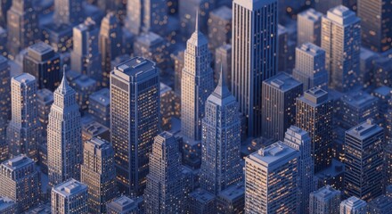 Aerial view of a dense cityscape at dusk with illuminated skyscrapers