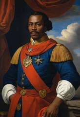 Obraz premium Decorated Black Nobleman in Ceremonial Blue Uniform with Red Sash and Medals, Classic Oil Portrait