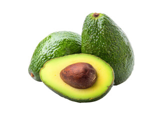 Ripe green avocados with brown pit and creamy yellow flesh image, Isolated, Png Transparent Background