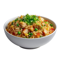 Delicious chicken fried rice with peas and green onions isolated on transparent background