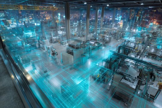 Overhead view of futuristic manufacturing plant with blue grid overlay shows complex automation, concept for industrial design, supply chain visualization and futuristic technology