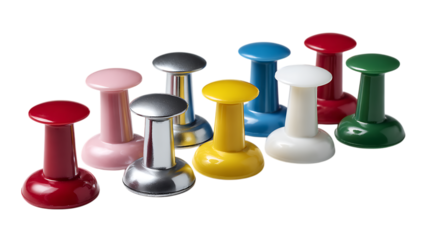 Assortment of colorful magnetic pushpins isolated on transparent background