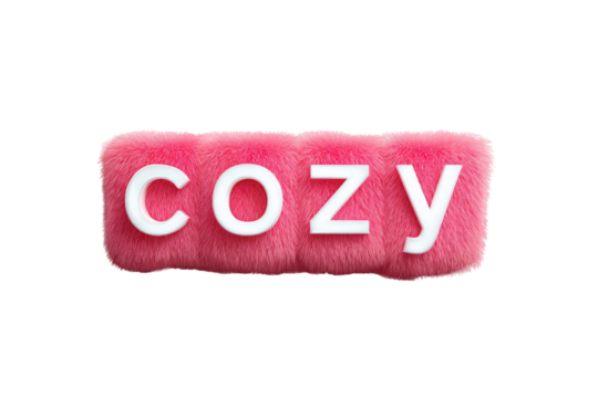 Pink Fluffy Cozy Sign with White Letters on Transparent Background