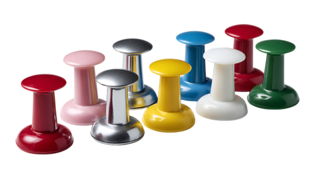 Assortment of colorful magnetic pushpins isolated on transparent background