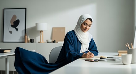 A focused Muslim woman in a hijab sits at her desk, diligently writing in a notebook, showcasing professionalism and dedication in her workspace.
