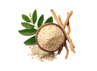Ashwagandha roots powder leaves wooden bowl image, Isolated, Png Transparent Background