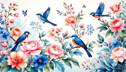 Watercolor illustration featuring vibrant blue birds amidst blooming flowers and foliage