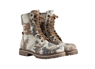Rugged desert camouflage combat boots with tan laces and thick soles image, Isolated, Png Transparent Background