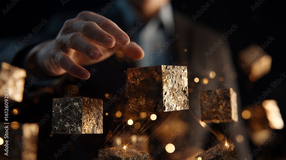 Poster man's hands interacting with levitating textured gold cubes against dark background highlighted with