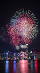 Vibrant Fireworks Display Illuminating a City Skyline at Night Reflected in Water