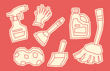 White Filled Cleaning Supplies Elements Icon Set in Cutout Style