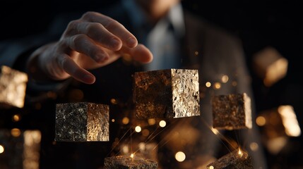 Man's hands interacting with levitating textured gold cubes against dark background highlighted with bokeh lights. concept for cryptocurrency presentation, blockchain technology and digital asset