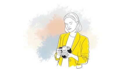 Woman in yellow jacket reviewing photos on her camera.