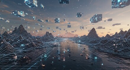 Immersive digital landscape with floating data cubes and wireframe mountains at sunset